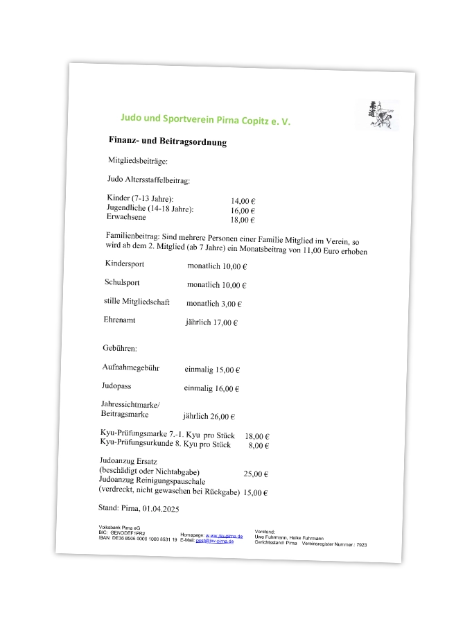 Judo und Sportverein Pirna Copitz e.V. - Beitragsordnung